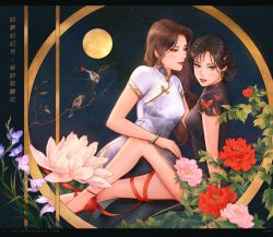 Rule 34 | 2girls, a summer&#039;s end: hong kong 1986, bird, black hair, branch, breasts, brown eyes, brown hair, china dress, chinese clothes, chinese commentary, chinese text, dress, flower, hand on another&#039;s thigh, high heels, highres, lilaccu, looking at another, looking at viewer, medium breasts, moon, multiple girls, official art, parted lips, pink flower, red flower, second-party source, white flower, yuri