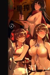 Rule 34 | 4girls, :q, bad id, bad pixiv id, black hair, blush, bottle, breasts, brown eyes, brown hair, buttons, cleavage, cleavage cutout, clothing cutout, collared shirt, corset, cup, double-breasted, drunk, girls&#039; frontline, glasses, gloves, grey hair, hair between eyes, hair ornament, hair over one eye, hair ribbon, hakama, hakama skirt, hk21 (girls&#039; frontline), holding, holding bottle, holding cup, holding tray, indoors, japanese clothes, kimono, long hair, looking at viewer, looking away, miko, multiple girls, navel, necktie, open mouth, purple eyes, red eyes, red hakama, red scarf, reroi, ribbon, round eyewear, scarf, shirt, sitting, skirt, sleeveless, sleeveless shirt, smile, table, tongue, tongue out, tray, twintails, type 100 (girls&#039; frontline), type 95 (girls&#039; frontline), type 97 (girls&#039; frontline), underbust, very long hair, white kimono, white shirt, yellow eyes