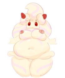 Rule 34 | 1girl, :o, alcremie, belly, big belly, black eyes, breasts, cleft of venus, colored sclera, cream, creatures (company), elpatrixf, fat, food, fruit, game freak, gen 8 pokemon, large breasts, large nipples, looking down, monster girl, navel, nintendo, nipples, nude, plump, pokemon, pokemon (creature), pokemon swsh, pussy, red sclera, slime girl, standing, strawberry, twintails, uncensored, white background, wide hips