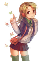 Rule 34 | 1girl, bad id, bad pixiv id, bag, blush, brown hair, green thighhighs, handbag, headphones, leaf, looking at viewer, maple leaf, original, pleated skirt, pointing, pointing up, red eyes, shawl, simple background, skirt, smile, solo, sweater, thighhighs, tyun, zettai ryouiki