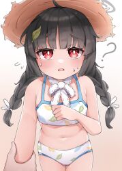 Rule 34 | 1girl, 1other, ?, absurdres, arm grab, bikini, black hair, blue archive, blush, braid, commentary request, grabbing another&#039;s arm, grey halo, halo, hat, highres, leaf, leaf on head, leaf print, long hair, looking at viewer, miyu (blue archive), miyu (swimsuit) (blue archive), navel, official alternate costume, print bikini, red eyes, solo focus, straw hat, sweat, swimsuit, syarrchan, twin braids, white bikini