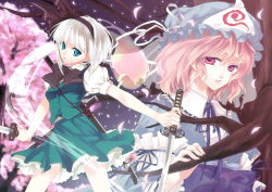 2girls bad_id bad_pixiv_id blue_eyes female_focus ghost hairband hat katana kojoz konpaku_youmu konpaku_youmu_(ghost) multiple_girls nature outdoors pink_hair plant saigyouji_yuyuko short_hair silver_hair skirt sky sword touhou weapon