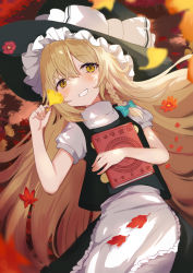 Rule 34 | 1girl, apron, aqua bow, autumn leaves, black dress, black hat, blonde hair, blue bow, blush, book, bow, braid, buttons, closed mouth, dress, frills, ginkgo tree, green bow, hair between eyes, hair bow, hat, hat bow, highres, kirisame marisa, kogalashi, leaf, long hair, looking to the side, lying, maple leaf, puffy short sleeves, puffy sleeves, shirt, short sleeves, single braid, smile, solo, teeth, touhou, white apron, white bow, white shirt, witch hat, yellow eyes