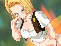 Rule 34 | 1girl, android 18, blonde hair, blue eyes, blush, breasts, cleavage, dragon ball, dragonball z, hip focus, jacket, jewelry, large breasts, necklace, nipples, no pants, panties, see-through, see-through shirt, serious, short hair, simple background, solo, standing, sweat, sweatdrop, torn clothes, trinitron cg, underwear, white panties