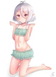 Rule 34 | 1girl, absurdres, antenna hair, bare shoulders, barefoot, blush, bra, cinderella bust, closed mouth, collarbone, commentary request, elf, feet, flat chest, frilled bra, frilled panties, frills, full body, green bra, green panties, groin, hair between eyes, hands up, highres, kneeling, kokkoro (princess connect!), looking at viewer, midriff, navel, panties, pink eyes, pointy ears, princess connect!, revision, ribbon-trimmed underwear, ribbon trim, short hair, sidelocks, signature, silver hair, simple background, solo, teren, textless version, underwear, underwear only, w arms, white background