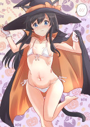 Rule 34 | 1girl, adapted costume, animal ears, asashio (kancolle), barefoot, bikini, black hair, black hat, blue eyes, cat ears, cat tail, commentary request, cowboy shot, flat chest, front-tie top, fuji (pixiv24804665), gloves, gluteal fold, hat, highres, kantai collection, long hair, looking at viewer, micro bikini, side-tie bikini bottom, solo, spoken blush, swimsuit, tail, thigh gap, white bikini, white gloves, witch hat