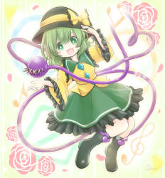 Rule 34 | 1girl, :d, ankle boots, black hat, blouse, blush, boots, buttons, collared shirt, commentary request, diamond button, eyeball, flower, frilled shirt collar, frilled skirt, frilled sleeves, frills, full body, green eyes, green hair, green skirt, hand on headwear, hat, hat ribbon, heart, heart of string, komeiji koishi, long sleeves, looking at viewer, medium hair, medium skirt, musical note, open mouth, petals, ribbon, rose, rose petals, shirt, sidelocks, signature, skirt, smile, solo, third eye, touhou, wavy hair, wide sleeves, yellow ribbon, yellow shirt, yoshiyanmisoko2