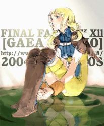 Rule 34 | 00s, 1girl, blonde hair, blush, boots, brown footwear, final fantasy, final fantasy xii, full body, knee boots, knees up, looking at viewer, mos, own hands together, penelo, reflection, romper, simple background, sitting, skin tight, solo, sweatband, turtleneck, water, white background