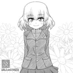 Rule 34 | 1girl, arms behind back, bob cut, chamomile, closed mouth, commentary, copyright name, emblem, enoya-eno, floor, girls und panzer, greyscale, jacket, katyusha (girls und panzer), long sleeves, looking at viewer, miniskirt, monochrome, pleated skirt, pravda (emblem), pravda school uniform, school uniform, shirt, short hair, skirt, smile, solo, standing, turtleneck