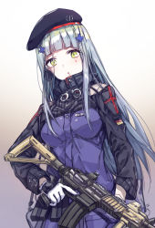 Rule 34 | 1girl, aningay, assault rifle, beret, facial mark, girls&#039; frontline, gloves, gradient background, green eyes, gun, h&amp;k hk416, hat, heckler &amp; koch, highres, hk416 (girls&#039; frontline), holding, holding gun, holding weapon, jacket, long hair, looking at viewer, military, military uniform, parted lips, rifle, sidelocks, silver hair, solo, teardrop, trigger discipline, uniform, upper body, weapon, white gloves