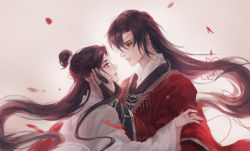 Rule 34 | 2boys, absurdres, artist name, black eyes, bridal gauntlets, chinese clothes, dreamingpool, earrings, eye contact, hand on another&#039;s cheek, hand on another&#039;s face, highres, hua cheng, jewelry, long hair, looking at another, male focus, multiple boys, necklace, string, string of fate, tianguan cifu, very long hair, wide sleeves, xie lian, yaoi