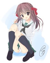 Rule 34 | 10s, 1girl, :d, artist name, bad id, bad twitter id, bandaid, bandaid on knee, bandaid on leg, black footwear, black neckerchief, black socks, blouse, brown eyes, brown hair, commentary, full body, getsumen suibaku ver. a(c), girls und panzer, green skirt, hand in own hair, headband, highres, kondou taeko, leaning to the side, loafers, long sleeves, looking at viewer, miniskirt, neckerchief, one-hour drawing challenge, ooarai school uniform, open mouth, panties, pantyshot, pleated skirt, red headband, school uniform, serafuku, shirt, shoes, short hair, signature, skirt, smile, socks, solo, squatting, thighs, underwear, white panties, white shirt
