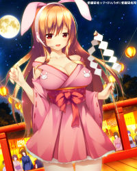 Rule 34 | 1girl, animal ears, bad id, bad pixiv id, bare shoulders, blush, breasts, brown hair, rabbit ears, cleavage, dress, full moon, headset, highres, holding, japanese clothes, kakusei kenkyuu idol lab, large breasts, long hair, looking at viewer, moon, night, night sky, open mouth, original, red eyes, shokuyou mogura, sky, smile, solo, standing, translation request, wide sleeves