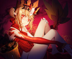 Rule 34 | 1girl, absurdres, bare legs, bare shoulders, blonde hair, braid, chalice, crown, cup, dragon tail, dress, elbow gloves, erchongbaojun, facial mark, fate/grand order, fate (series), french braid, gloves, gold crown, hair intakes, highres, looking at viewer, nero claudius (fate), nero claudius (fate) (all), pointed crown, pointy ears, queen draco (fate), queen draco (first ascension) (fate), red dress, red eyes, scales, single glove, sitting, tail, white gemstone, white gloves