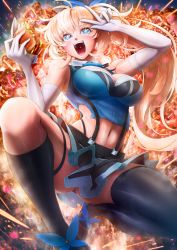 Rule 34 | + +, 1girl, ass, blonde hair, blue eyes, breasts, cleavage, eating, elbow gloves, explosion, food, gloves, hair ribbon, burger, heart, heart in mouth, highres, imizu (nitro unknown), large breasts, midriff, miniskirt, mirai akari, mirai akari project, navel, open mouth, ribbon, side ponytail, skirt, solo, thighhighs, uvula, v, virtual youtuber, white gloves