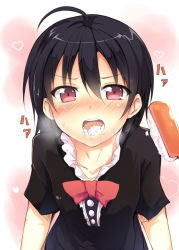 Rule 34 | 1girl, ahoge, black hair, blush, bow, eating, female focus, food, heart, heavy breathing, houjuu nue, looking at viewer, madara, madara hio, red eyes, rice, sexually suggestive, short hair, solo, sushi, toothbrush, toothpaste, touhou, upper body