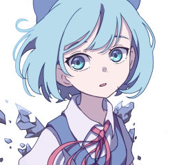 Rule 34 | 1girl, absurdres, blue bow, blue eyes, blue hair, bow, cirno, collared shirt, eyebrows hidden by hair, hair bow, highres, ice, ice wings, kame (kamepan44231), looking at viewer, neck ribbon, one-hour drawing challenge, open mouth, red ribbon, ribbon, shirt, short hair, short sleeves, simple background, solo, swept bangs, touhou, upper body, white background, white shirt, wings