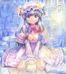 Rule 34 | 1girl, :o, blue theme, book, breasts, cleavage, female focus, long hair, mayo riyo, medium breasts, off shoulder, open book, patchouli knowledge, purple eyes, purple hair, purple theme, solo, striped, touhou, vertical stripes