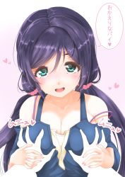 Rule 34 | 1girl, bare shoulders, blush, grabbing another&#039;s breast, breasts, cleavage, collarbone, frapowa, grabbing, green eyes, groping, guided breast grab, guiding hand, heart, large breasts, long hair, looking at viewer, love live!, love live! school idol festival, love live! school idol project, nail polish, open mouth, pink background, purple hair, smile, solo, solo focus, tojo nozomi, translation request, upper body