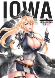 Rule 34 | 1girl, asymmetrical legwear, belt buckle, black panties, blonde hair, blue eyes, breasts, buckle, character name, cleavage, cowboy shot, crazyskull, elbow gloves, fingerless gloves, front-tie top, garter straps, gloves, groin, hair between eyes, headgear, highres, iowa (kancolle), kantai collection, large breasts, lips, looking at viewer, machinery, miniskirt, mismatched legwear, one eye closed, panties, pantyshot, silhouette, skirt, solo, star-shaped pupils, star (symbol), striped clothes, striped thighhighs, symbol-shaped pupils, thighhighs, underwear, uss iowa (bb-61), v, vertical-striped clothes, vertical-striped thighhighs