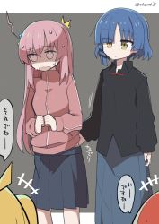 Rule 34 | 4girls, blue hair, bocchi the rock!, closed mouth, clothes pull, cube hair ornament, expressionless, gotoh hitori, grey skirt, hair between eyes, hair ornament, hair over eyes, ijichi nijika, jacket, jersey, kita ikuyo, long hair, long skirt, mizumi (artist), mole, mole under eye, multiple girls, one side up, pink hair, pink jacket, pleated skirt, pulling another&#039;s clothes, shaded face, shirt, short hair, skirt, skirt pull, surprised, track jacket, yamada ryo, yellow eyes