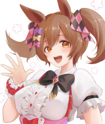Rule 34 | 1girl, :d, absurdres, animal ears, black bow, blush, bow, breasts, brown eyes, brown hair, center frills, frills, hair between eyes, hair bow, hand up, highres, horse ears, koriku, looking at viewer, medium breasts, open mouth, pink bow, puffy short sleeves, puffy sleeves, purple bow, shirt, short sleeves, simple background, smart falcon (umamusume), smile, solo, star (symbol), starry background, twintails, umamusume, upper body, white background, white shirt, wrist cuffs, yellow bow