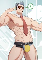 Rule 34 | 1boy, abs, absurdres, animal crossing, artist name, bara, belt, between pectorals, black belt, black male swimwear, blue hair, bulge, collarbone, commentary request, cowboy shot, detached collar, eighth note, hand up, headphones, highres, humanization, kimakkun, large pectorals, male focus, male swimwear, muscular, muscular male, musical note, navel, necktie, necktie between pectorals, nintendo, nipples, pectorals, red necktie, short hair, solo, spoken musical note, sunglasses, swim briefs, topless male, very short hair, wilbur (animal crossing), yellow male swimwear