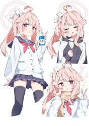 Rule 34 | 1girl, absurdres, asymmetrical hair, black sailor collar, black skirt, black thighhighs, blue archive, blush, brown scarf, chestnut mouth, closed eyes, commentary, drink, drinking straw, gym uniform, halo, highres, holding, holding drink, jacket, long sleeves, looking at viewer, milk carton, miniskirt, multiple views, natsu (blue archive), neckerchief, open mouth, parted lips, pink hair, pink halo, pleated skirt, puffy long sleeves, puffy sleeves, red eyes, red neckerchief, sailor collar, scarf, side ponytail, simple background, skirt, sleeves past wrists, suta0822, thighhighs, track jacket, v, white background, zettai ryouiki