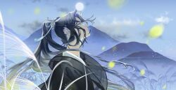 Rule 34 | 1girl, absurdres, black hair, black kimono, blue eyes, blue sky, blurry, blurry foreground, bow, closed mouth, expressionless, grass, hair bow, haruno taku, highres, japanese clothes, kimono, light particles, long hair, looking up, moon, mountain, original, ponytail, profile, sidelocks, sky, solo, upper body, white bow
