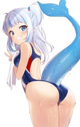 Rule 34 | 1girl, ass, backless swimsuit, bare arms, bare shoulders, blue eyes, blue one-piece swimsuit, breasts, competition swimsuit, cowboy shot, fins, fish tail, from behind, gawr gura, grin, hair ornament, highleg, highleg swimsuit, highres, holding, hololive, hololive english, long hair, looking at viewer, looking back, multicolored hair, one-piece swimsuit, pn (wnsl216), shark tail, sidelocks, simple background, small breasts, smile, solo, streaked hair, swimsuit, tail, tail raised, thighs, towel, two side up, v, virtual youtuber, wet, wet clothes, wet swimsuit, white background, white hair