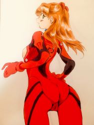 Rule 34 | 1girl, absurdres, ass, ass focus, blush, blush stickers, bodysuit, breasts, brown hair, cameltoe, curvy, embarrassed, eywy4324, hair between eyes, hair ornament, highres, long hair, looking at viewer, looking back, neon genesis evangelion, pilot suit, plugsuit, red bodysuit, shiny clothes, shiny skin, skin tight, solo, souryuu asuka langley, standing, traditional media, two side up, very long hair, white background, wide hips