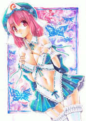 Rule 34 | 1girl, acrylic paint (medium), adapted costume, bad id, bad pixiv id, between breasts, breasts, colored pencil (medium), female focus, frilled thighhighs, frills, garter straps, gohei, hat, kidanieru, large breasts, marker (medium), navel, painting (medium), pink eyes, pink hair, revealing clothes, saigyouji yuyuko, short hair, solo, thighhighs, touhou, traditional media