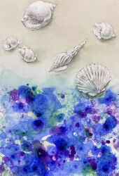 Rule 34 | blue background, highres, no humans, object focus, original, painting (medium), realistic, seashell, shell, still life, traditional media, watercolor (medium), yu grassbird