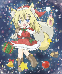 Rule 34 | 1girl, :d, ahoge, animal ears, bell, blonde hair, blue eyes, blush, boots, box, brown footwear, brown mittens, capelet, checkerboard cookie, christmas, commentary request, cookie, dog ears, dog girl, dog tail, dress, food, full body, fur-trimmed capelet, fur-trimmed dress, fur-trimmed headwear, fur trim, gift, gift box, hair between eyes, hair ornament, hairclip, hat, highres, holding, holding sack, long hair, looking at viewer, mittens, open mouth, original, party hat, red capelet, red dress, red hat, ri-net, sack, santa hat, smile, solo, standing, standing on one leg, star (symbol), tail, tongue, tongue out, torn sack