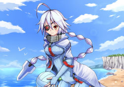 Rule 34 | 1girl, ahoge, arc system works, bad id, bad pixiv id, ball, beach, blazblue, blush, blush stickers, bodysuit, braid, breasts, bridal gauntlets, cape, cliff, crotch plate, holding, holding ball, lens flare, long hair, nu-13, red eyes, single braid, sioame, smile, solo, volleyball (object), white hair