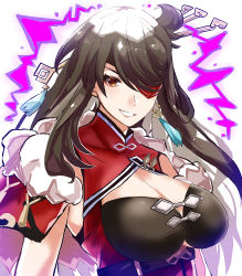 Rule 34 | 1girl, absurdres, beidou (genshin impact), belt, black hair, breasts, chinese clothes, cleavage, earrings, electricity, eyepatch, frxe3828, fur trim, genshin impact, hair ornament, hair over one eye, hairpin, highres, jewelry, large breasts, long hair, open clothes, open mouth, red eyes, simple background, single earring, smirk, solo, teeth, upper body, vision (genshin impact), white background