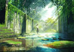 Rule 34 | 1girl, bag, black hair, black skirt, commentary request, day, facing away, forest, mocha (cotton), nature, original, outdoors, overgrown, pleated skirt, ponytail, ruins, scenery, shirt, short sleeves, skirt, solo, stairs, standing, stone stairs, sunlight, tree, water, white shirt