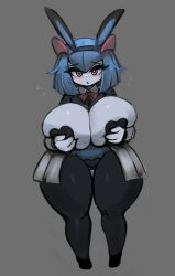 Rule 34 | 1girl, animal ears, black pantyhose, black pasties, blue hair, blue skin, blush, breasts, bright pupils, colored skin, creatures (company), curvy, dot nose, eyelashes, fake animal ears, female focus, flying sweatdrops, full body, game freak, gen 3 pokemon, gipehtyboo, grabbing own breast, grey background, half-closed eyes, heart pasties, highres, huge breasts, kirlia, looking at viewer, maebari, meme attire, nintendo, pantyhose, pasties, pokemon, red eyes, reverse bunnysuit, reverse outfit, shiny skin, short hair, solo, standing, thick thighs, thigh gap, thighs, white pupils, white skin, wide hips