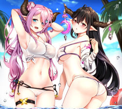Rule 34 | 2girls, absurdres, armpits, ass, bad id, bad pixiv id, bandages, bare shoulders, beach, bikini, black hair, blue eyes, blue sky, blush, bow, breasts, butt crack, cameltoe, cowboy shot, danua, day, double bun, granblue fantasy, hair between eyes, hair bun, hair ornament, hair over one eye, hairpin, hands in hair, highres, horn ornament, horns, jewelry, large breasts, long hair, looking at viewer, multiple girls, narmaya (granblue fantasy), navel, open mouth, outdoors, parted lips, pink hair, pointy ears, red eyes, shirt, sideboob, sky, sleeveless, sleeveless shirt, smile, stomach, sunmil, swimsuit, thigh strap, thighs, tied shirt, tree, water, water drop, white shirt