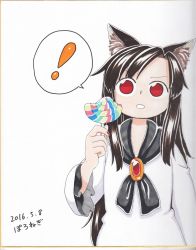 Rule 34 | !, 1girl, :o, aged down, animal ears, black hair, black ribbon, candy, child, commentary request, dated, dress, food, gem, holding, holding candy, holding food, holding lollipop, imaizumi kagerou, lollipop, long hair, long sleeves, looking at viewer, nail polish, parted lips, photo (medium), poronegi, red eyes, red nails, ribbon, signature, solo, speech bubble, spoken exclamation mark, standing, touhou, traditional media, very long hair, white dress, wolf ears