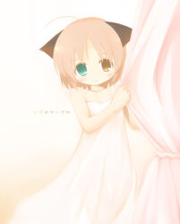 Rule 34 | 1girl, ahoge, animal ears, blue eyes, blush, brown eyes, cat ears, commentary request, curtain grab, curtains, dress, emurin, expressionless, feet out of frame, flat chest, heterochromia, highres, looking at viewer, original, pink hair, short hair, sleeveless, sleeveless dress, solo, sundress, translation request, white dress