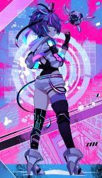 Rule 34 | 1girl, absurdres, aho, asymmetrical legwear, back, blue eyes, blue hair, cropped jacket, fingerless gloves, full body, gloves, grin, high heels, highres, indie virtual youtuber, leotard, long hair, looking at viewer, melody (projektmelody), melody (projektmelody) (4th costume), mismatched legwear, multicolored hair, nail polish, parted lips, purple hair, short shorts, shorts, smile, solo, standing, streaked hair, t0m (projektmelody), teeth, thighhighs, two-tone hair, virtual youtuber, vshojo