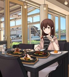 Rule 34 | 1girl, akagi (kancolle), blush, brown eyes, brown hair, building, chair, closed mouth, commentary request, cup, day, food, fork, hanging light, hitakikan, indoors, jacket, kantai collection, light bulb, long hair, looking at viewer, open clothes, open jacket, plate, shirt, sitting, skirt, sky, solo, steak, striped clothes, striped shirt, table, watch, white skirt, window, wristwatch