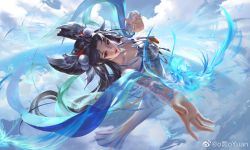 Rule 34 | 1girl, barefoot, bird, black hair, character request, double bun, feathers, flying, hair bun, hair rings, highres, long skirt, long sleeves, ocean, outstretched hand, oyuano yuan, skirt, sky, smile, solo, wangzhe rongyao