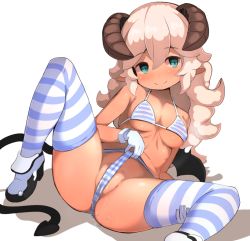 Rule 34 | 1girl, :&gt;, aqua eyes, bare arms, bare shoulders, bikini, bikini bottom lift, bikini top lift, black tail, blue bikini, blue thighhighs, blush, breasts, breasts apart, brown horns, closed mouth, clothes lift, collarbone, commentary request, covered erect nipples, crossed bangs, curly hair, demon girl, demon horns, demon tail, demon wings, frontal wedgie, garoudo (kadouhan&#039;i), gloves, hair between eyes, half-closed eyes, hand on own thigh, high heels, horns, long hair, looking at viewer, low wings, micro bikini, original, parted bangs, pointy ears, pussy juice, pussy juice drip through clothes, pussy juice puddle, raised eyebrows, reclining, self wedgie, simple background, small breasts, solo, spread legs, string bikini, striped bikini, striped clothes, striped thighhighs, swimsuit, tail, thighhighs, toned, wedgie, white background, white bikini, white footwear, white gloves, white hair, white thighhighs, wings