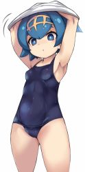 Rule 34 | 1girl, armpits, arms up, blue eyes, blue hair, breasts, cameltoe, clothes lift, covered navel, creatures (company), game freak, hairband, highres, karukan (monjya), lana (pokemon), lifted by self, nintendo, one-piece swimsuit, pokemon, pokemon sm, school swimsuit, shirt, shirt lift, short hair, simple background, small breasts, solo, swimsuit, swimsuit under clothes, thighs, undressing, white background, white shirt