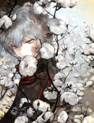 Rule 34 | 1boy, closed mouth, cotton boll, flower request, grey hair, kuga yuuma, looking away, looking down, male focus, red eyes, sad, short hair, solo, sorayumeamano, traditional media, turtleneck, upper body, world trigger