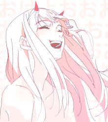 Rule 34 | 10s, bad id, bad twitter id, closed eyes, darling in the franxx, ganko-chan (shashaneko123), hairband, horns, open mouth, pink hair, smile, solo, straight hair, white hairband, zero two (darling in the franxx)