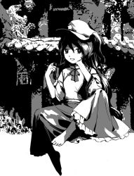 Rule 34 | 1girl, bare shoulders, barefoot, cabbie hat, detached sleeves, dolls in pseudo paradise, frilled skirt, frills, full body, greyscale, grin, hand on own chin, happy, hat, hat ornament, japanese clothes, kaigen 1025, label girl (dipp), long hair, long sleeves, looking at viewer, mandarin collar, midriff, miko, monochrome, navel, playing with own hair, side ponytail, sitting, skirt, smile, solo, star (symbol), star hat ornament, toes, touhou, vest, wide sleeves