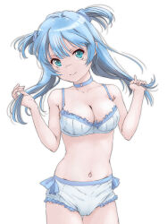 1girl aqua_eyes bare_arms blue_bra blue_choker blue_hair blue_panties boyshort_panties bra breasts cameltoe choker cleavage closed_mouth collarbone commentary cowboy_shot floating_hair frilled_bra frilled_panties frills hair_between_eyes highres holding holding_own_hair long_hair looking_at_viewer magia_record:_mahou_shoujo_madoka_magica_gaiden mahou_shoujo_madoka_magica marutaya medium_breasts minami_rena navel panties revision simple_background smile solo split_mouth standing thigh_gap two_side_up underwear underwear_only white_background